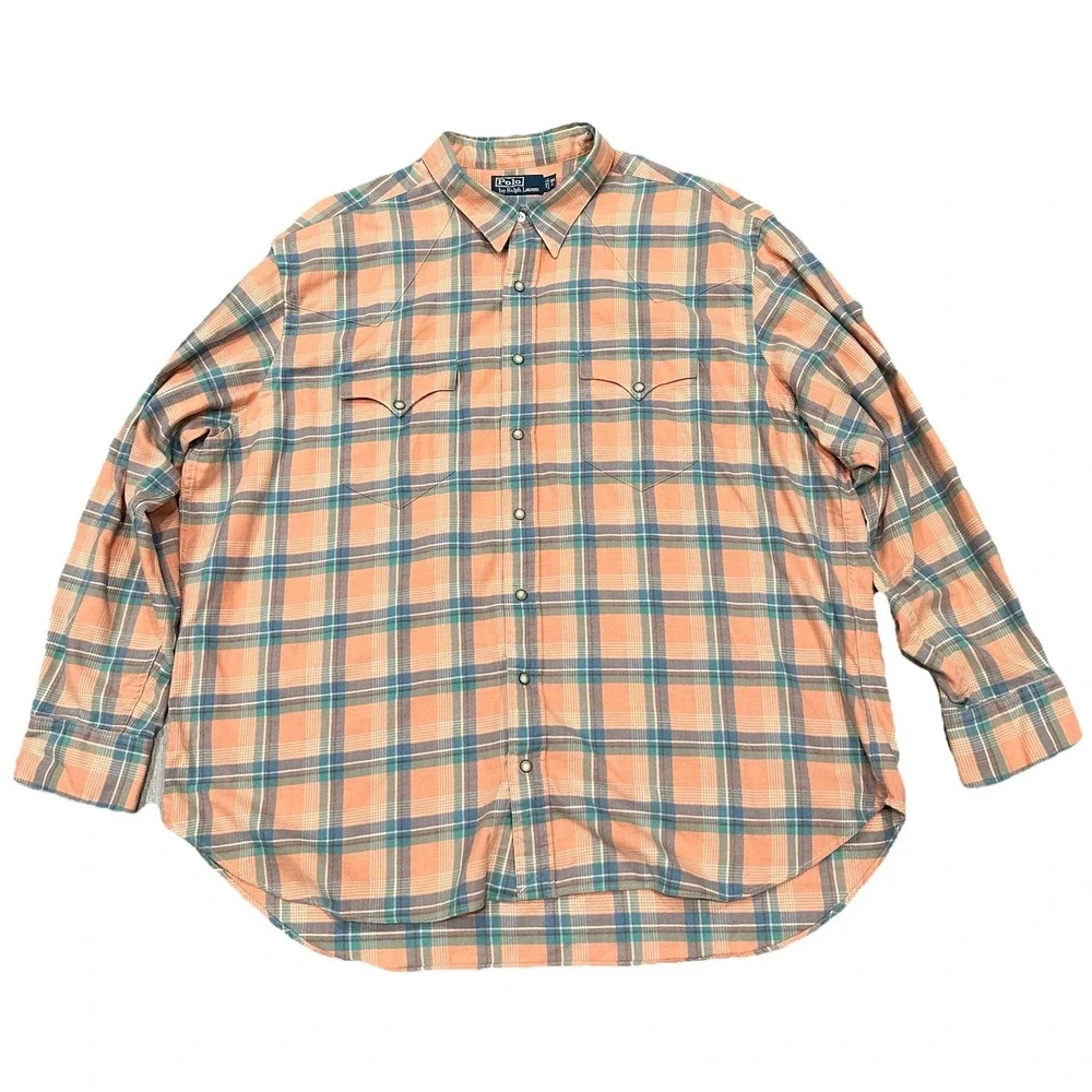 Polo Ralph Lauren Shirt Mens 3XB Peach Plaid‎ Pearl Snap Western Flannel Shirt